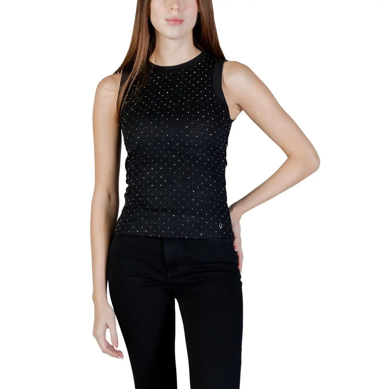 Guess femmes tank top Débardeur beige à col rond orné de subtils pois blancs et d'un col montant noir