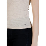 Guess femmes tank top Haut beige sans manches à col rond, en tissu texturé à pois scintillants et logo G argenté à l'ourlet