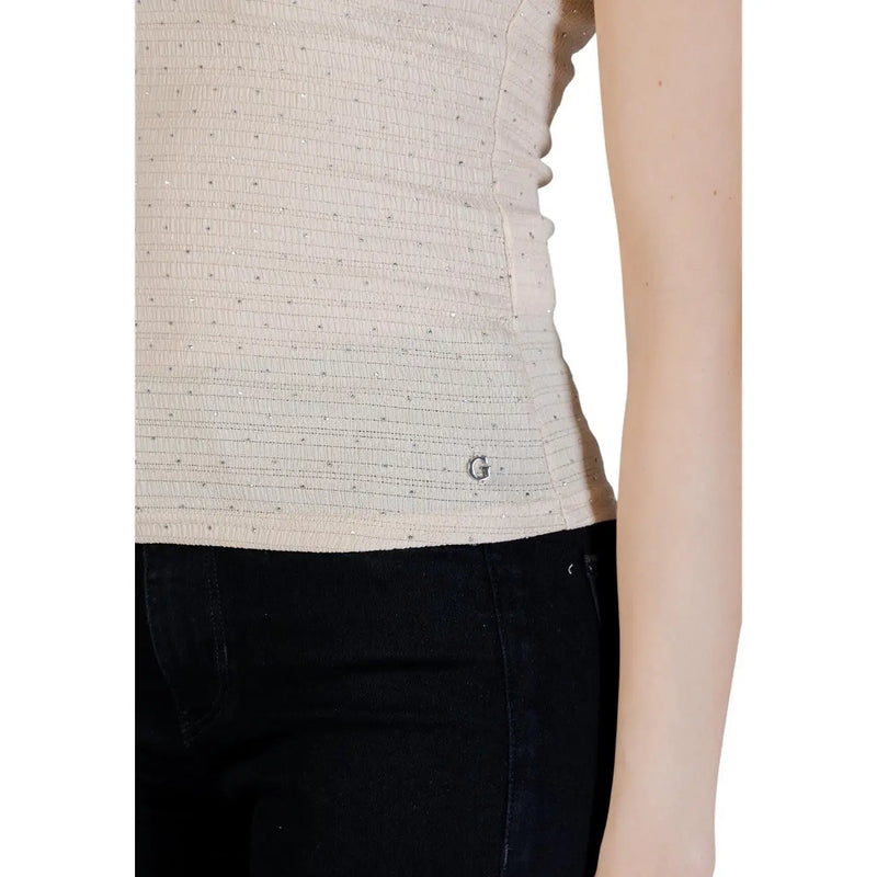 Guess femmes tank top Haut beige sans manches à col rond, en tissu texturé à pois scintillants et logo G argenté à l'ourlet