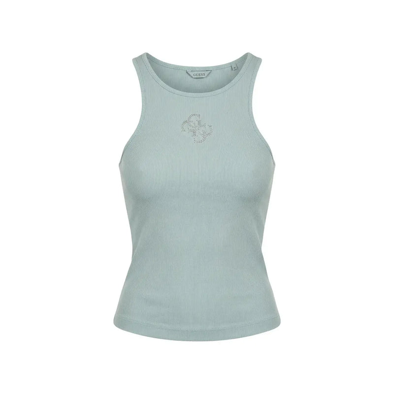 Guess femmes tank top en polyester côtelé vert menthe clair avec un logo scintillant sur la poitrine et un col rond