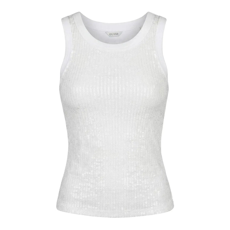 Débardeur blanc à paillettes sans manches en coton top par Guess avec un col rond pour femmes