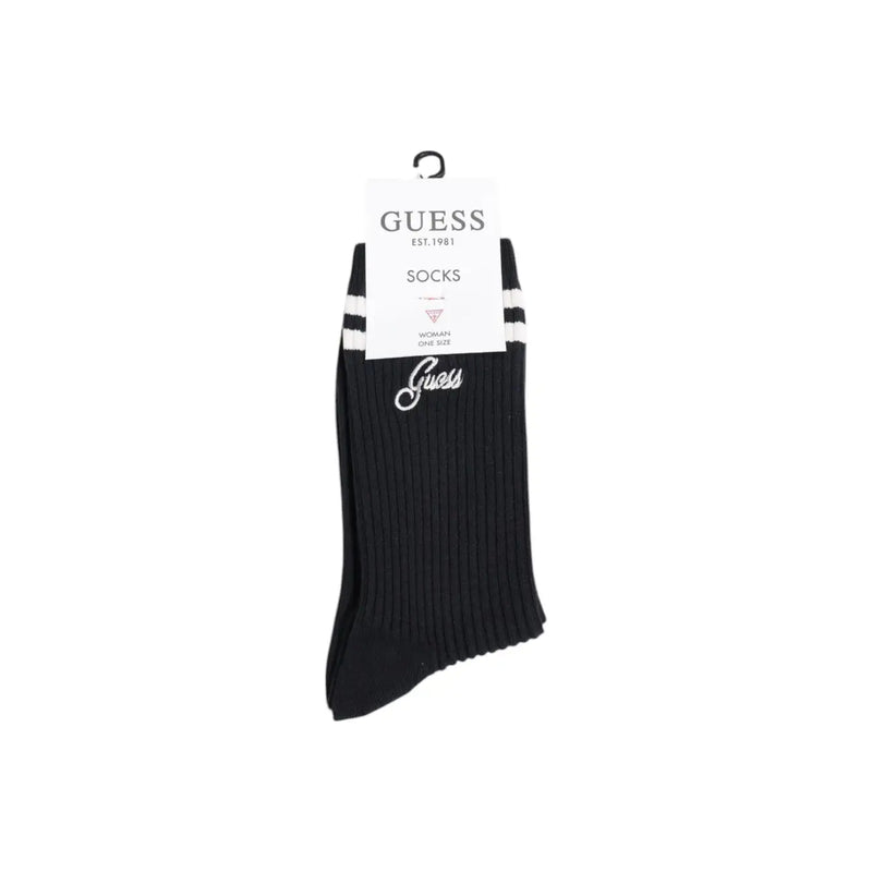 Chaussettes noires côtelées à rayures blanches et broderies argentées guess logo associé à des culottes roses en coton mélangé pour femmes