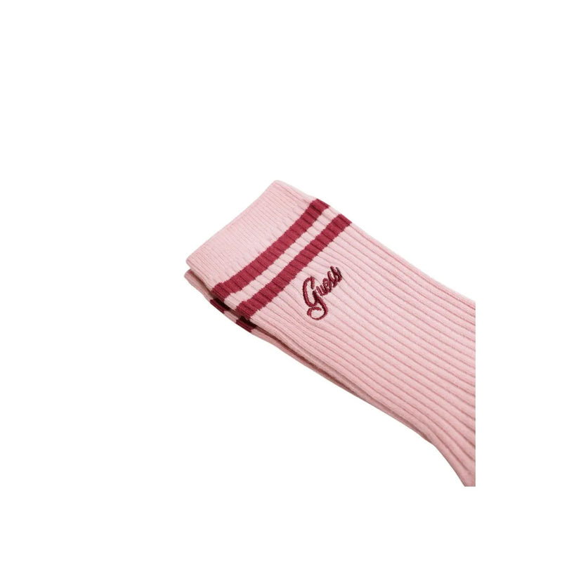 Chaussettes roses en coton côtelé mélangé, ornées de deux rayures bordeaux et de broderies assorties. guess logo pour femmes