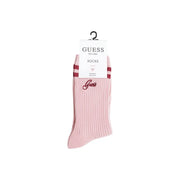 Chaussettes roses en coton côtelé mélangé avec rayures bordeaux et broderie assortie Guess logo pour femmes