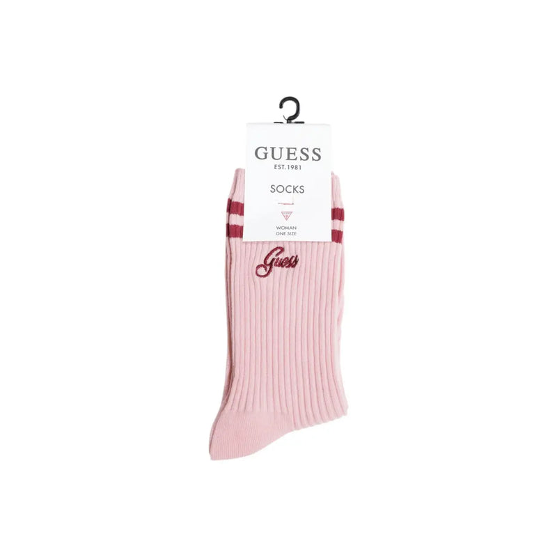 Chaussettes roses en coton côtelé mélangé avec rayures bordeaux et broderie assortie Guess logo pour femmes