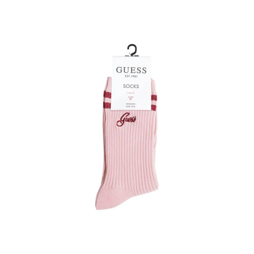 Chaussettes roses en coton côtelé mélangé avec rayures bordeaux et broderie assortie Guess logo pour femmes