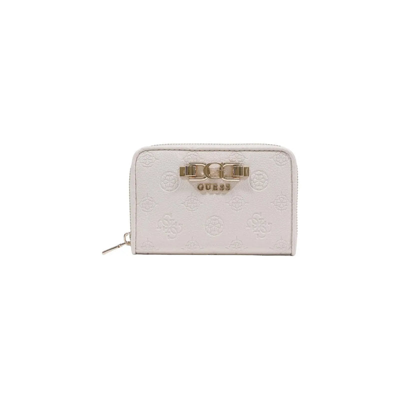 Blanc guess Portefeuille femme en polyuréthane beige avec logo en relief et fermoir doré, poches zippées 14 x 9 x 3 cm