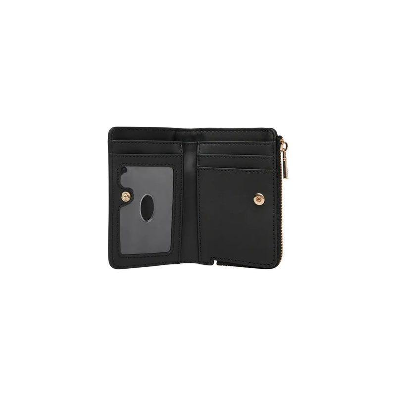 Étui à trois volets en cuir noir Guess Portefeuille femme en polyuréthane avec fermeture éclair et boutons-pression dorés, 12 x 8 x 2 cm