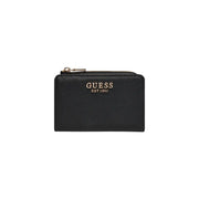 Texture noire Guess Portefeuille femme en polyuréthane avec fermeture éclair et logo dorés, dimensions 12 x 8 x 2 cm