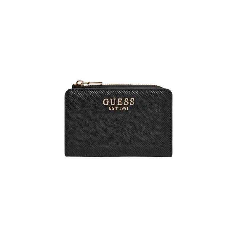 Texture noire Guess Portefeuille femme en polyuréthane avec fermeture éclair et logo dorés, dimensions 12 x 8 x 2 cm