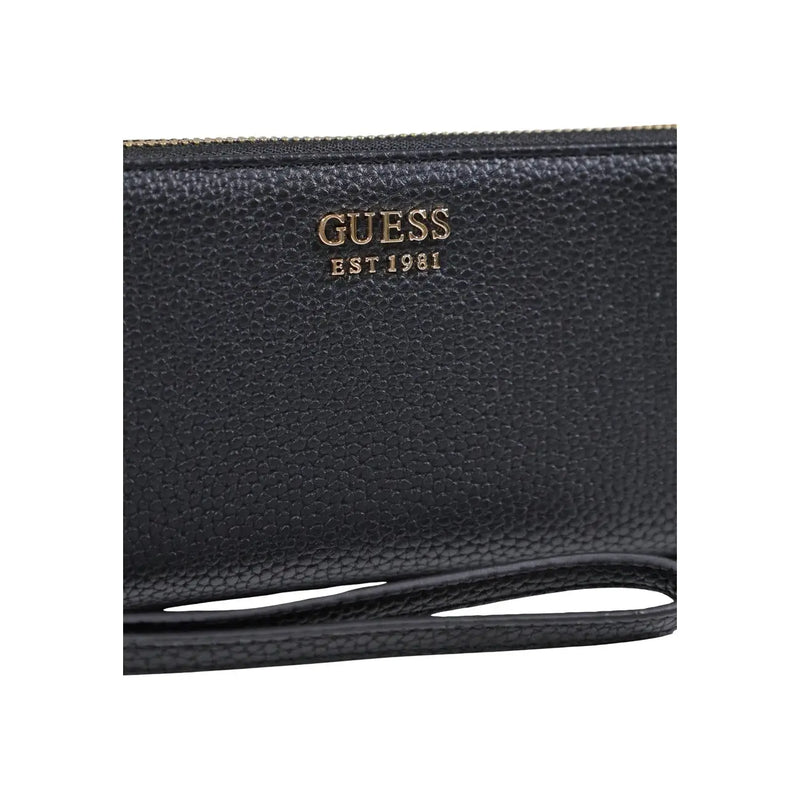 Cuir grainé noir Guess Portefeuille femme avec logo doré et fermeture éclair, poche zippée en polyuréthane 20x10x2