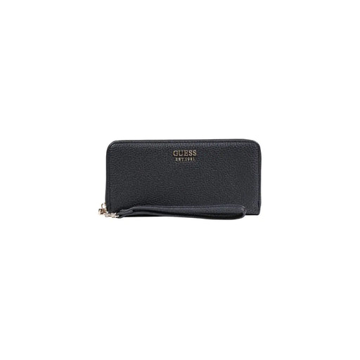 cuir noir texturé Guess Portefeuille femme avec dragonne et poche zippée argentée 20 x 10 x 2 cm