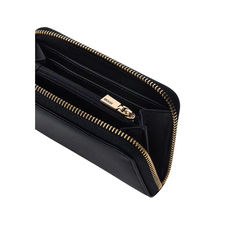 Guess Portefeuille femme noir en polyuréthane zippé avec fermeture éclair et accessoires dorés, dimensions : 14 x 9 x 3 cm