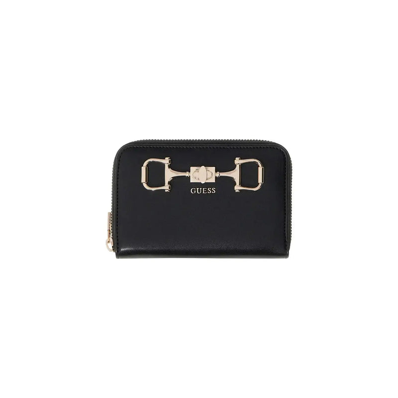 Noir guess Portefeuille femme en polyuréthane avec fermoir mors doré et fermeture éclair, dimensions 14 x 9 x 3 cm
