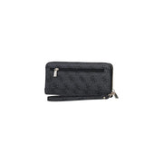 Guess Portefeuille femme Brenton gris en polyuréthane 20 cm, orné d'un logo noir répété et d'une fermeture éclair argentée.