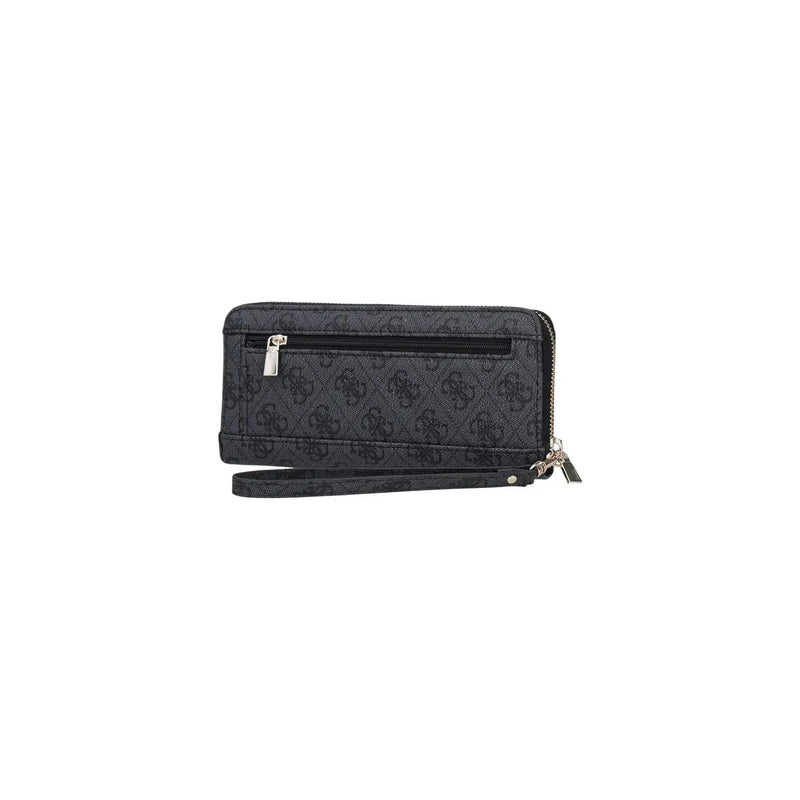 Guess Portefeuille femme Brenton gris en polyuréthane 20 cm, orné d'un logo noir répété et d'une fermeture éclair argentée.