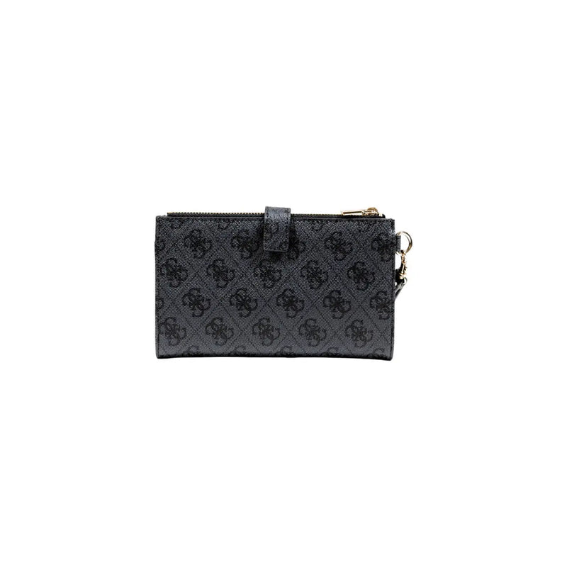 Noir guess Portefeuille femme en polyuréthane gris, orné d'un motif logo répété et d'une fermeture éclair dorée, dimensions 18 x 11 x 3 cm.