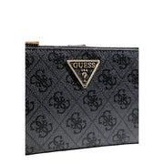 Noir guess Pochette en polyuréthane gris, ornée d'un motif texturé discret et d'un logo triangulaire doré, 18 x 11 x 3 cm.