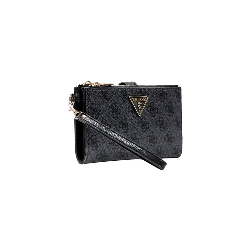 Noir Guess Pochette pour femme en polyuréthane gris avec un motif répétitif discret et un logo triangulaire doré, dimensions 18 x 11 x 3 cm