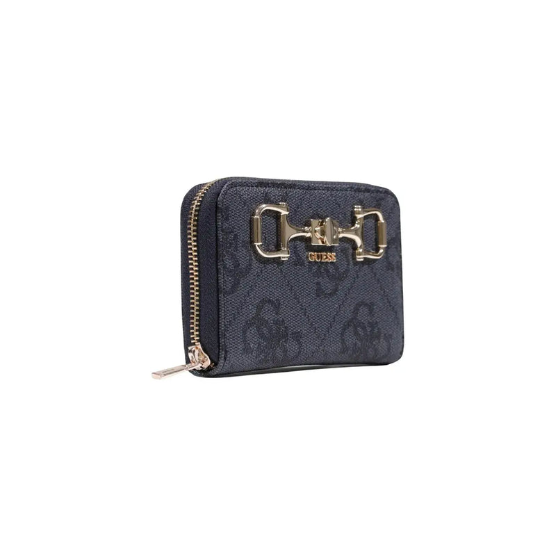 bleu foncé Guess Portefeuille femme avec fermoir mors doré à motif répétitif et poches intérieures zippées grises, 14 x 9 x 2,5 cm