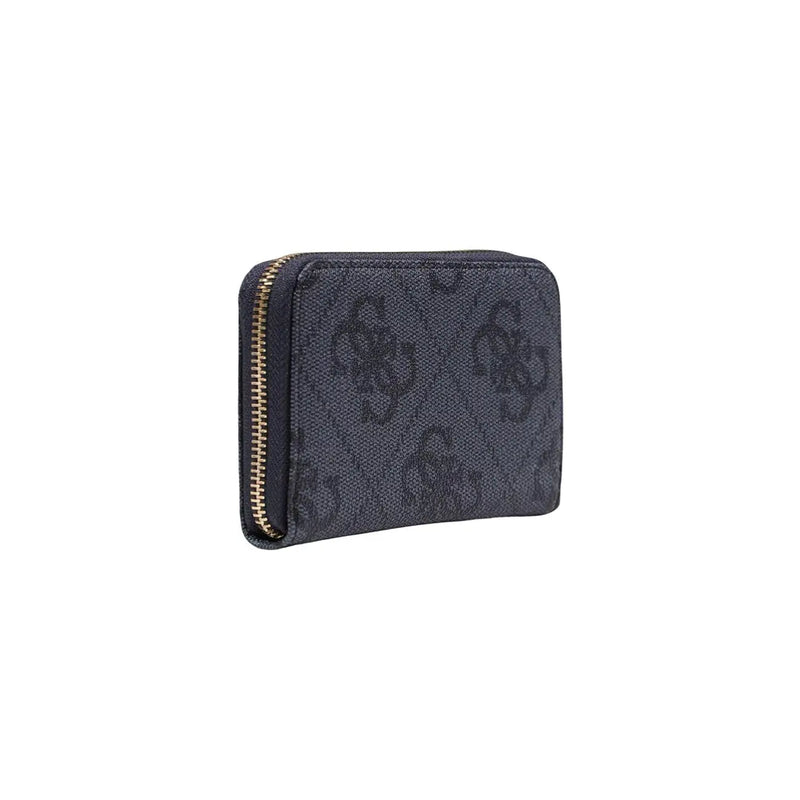 bleu foncé Guess Portefeuille femme à motif monogramme répété, fermeture éclair dorée, poches intérieures grises zippées, dimensions : 14 x 9 x 2,5 cm