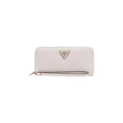 Un blanc élégant Guess Portefeuille pour femme avec surface en polyuréthane texturé et logo triangulaire métallique sur le devant