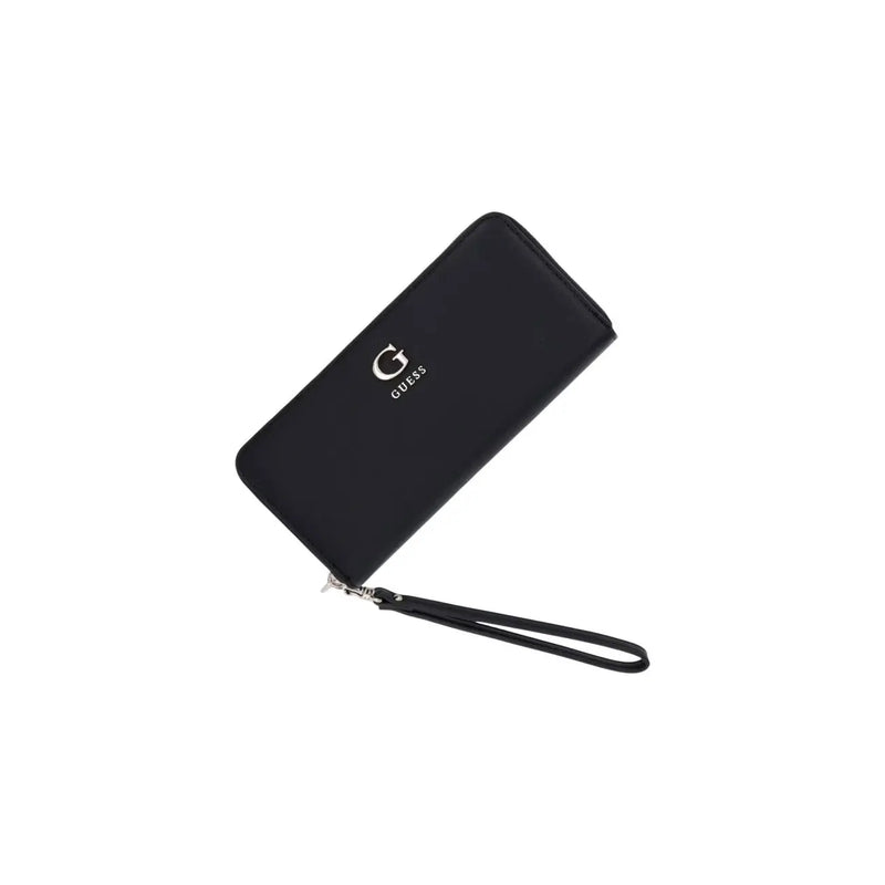 Guess Portefeuille femme Lucci grand format zippé en polyuréthane noir avec dragonne et logo argenté, largeur 20 cm.