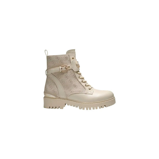 couleur crème Guess Bottes blanches pour femmes en polyester et polyuréthane avec un motif logo discret et des boucles dorées.