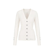 Une couleur crème guess Gilet en maille de viscose blanche pour femme, manches longues, col en V et boutons argentés sur le devant