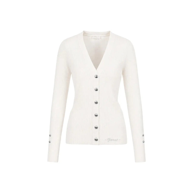 Une couleur crème guess Gilet en maille de viscose blanche pour femme, manches longues, col en V et boutons argentés sur le devant