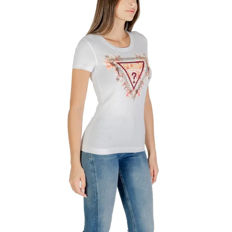 Guess women white cotton elastane round neck short sleeve t shirt with a floral-patterned pink and burgundy logo