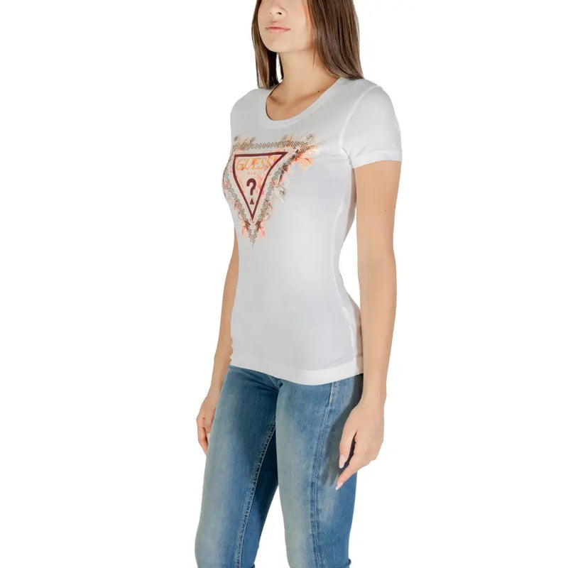 Guess women white cotton elastane round neck short sleeve t shirt with triangular floral embroidered logo and red detailing