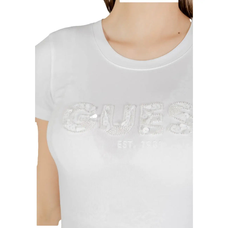 Guess women white cotton short t shirt featuring a sparkling sequined gues logo with est for casual wear