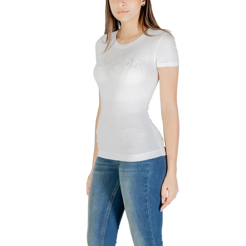 White guess women cotton short t shirt with subtle shiny logo sequin detail across the chest