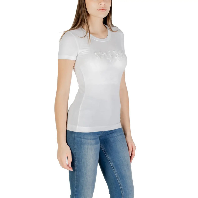 Guess women white cotton short-sleeved t shirt with subtle embroidered logo sequin detailing across the chest
