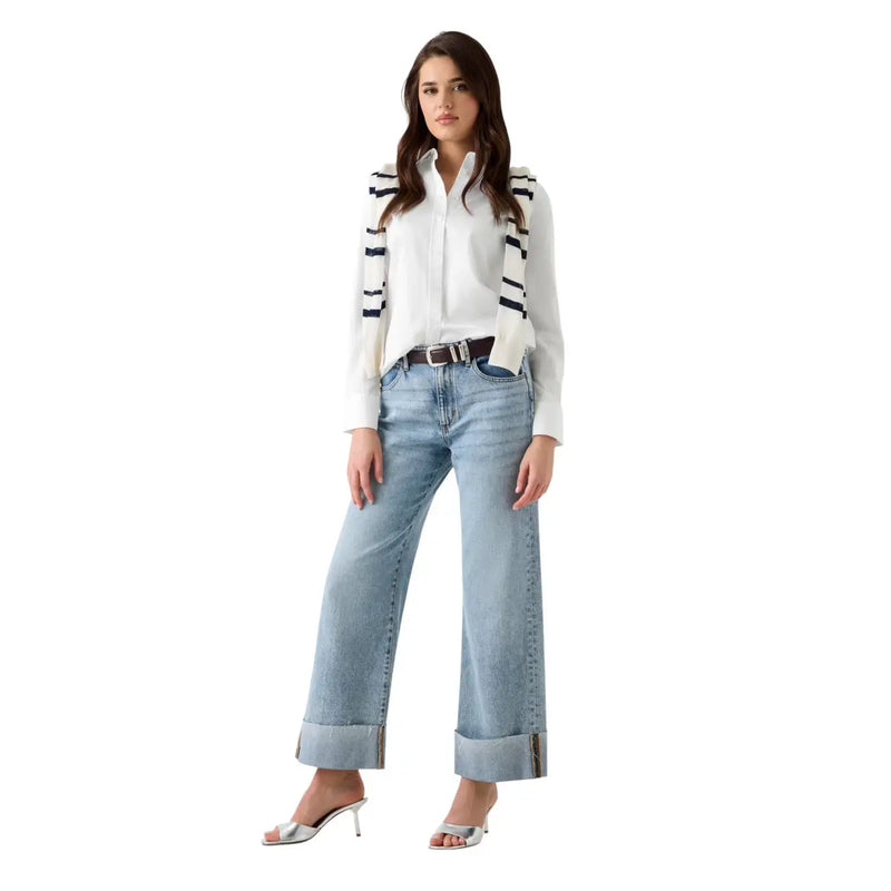 Guess women white cotton long sleeve classic shirt with black horizontal stripes on the shoulders