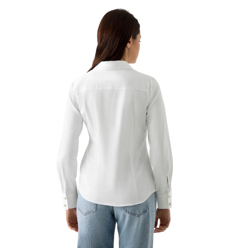 Guess women white cotton long sleeve classic shirt with a round neck and subtle stitching details