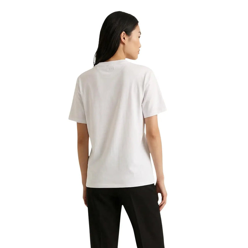 Guess women white cotton rhinestone round neck t shirt with subtle embroidered logo at the neckline