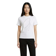 Guess women white cotton short-sleeved t shirt with a sparkling silver rhinestone cursive logo across the chest