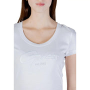 White Guess women cotton short sleeve round neck t shirt with a sparkling Guess est.1981 silver embroidered logo