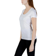 Guess women white cotton short sleeve v neck t shirt with subtle embroidered logo on the chest