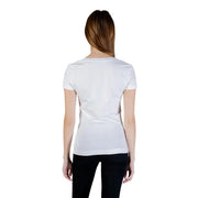 Guess women white cotton short sleeve t shirt with rounded neckline and fitted silhouette displayed front view