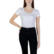 Guess women white cotton short sleeve round neck t shirt with a subtle light-colored logo across the chest