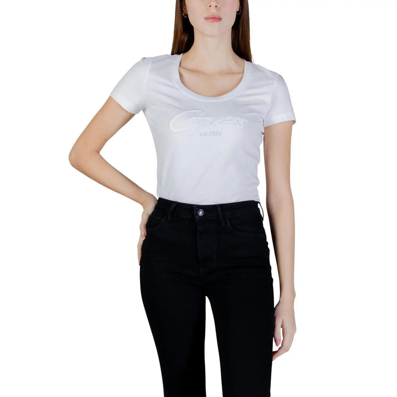 Guess women white cotton short sleeve round neck t shirt with a subtle light-colored logo across the chest