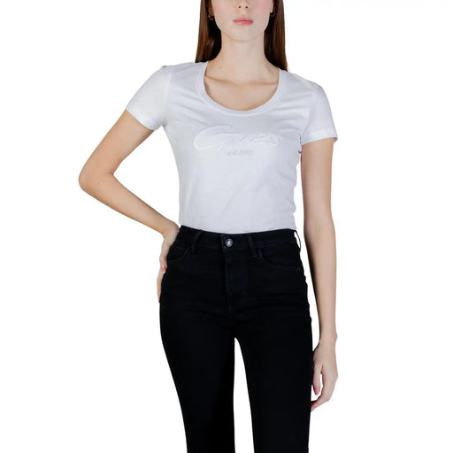 Guess women white cotton short sleeve round neck t shirt with a subtle light-colored logo across the chest