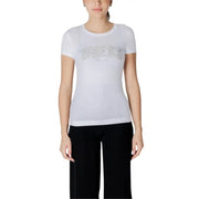 Guess Women white cotton short sleeve T-shirt with silver glitter logo