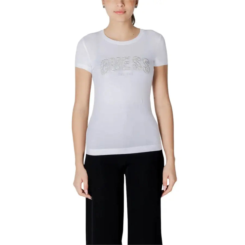 Guess Women white cotton short sleeve T-shirt with silver glitter logo