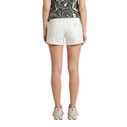 Back side of Guess women white cotton shorts with subtle textured pattern and small triangular logo on the pocket