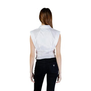 Guess women white cotton sleeveless blouse with round neck and tailored fit ideal for casual and formal wear