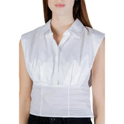 Guess women white cotton sleeveless blouse with round neck, button-up front, crisp collar, and tailored fit
